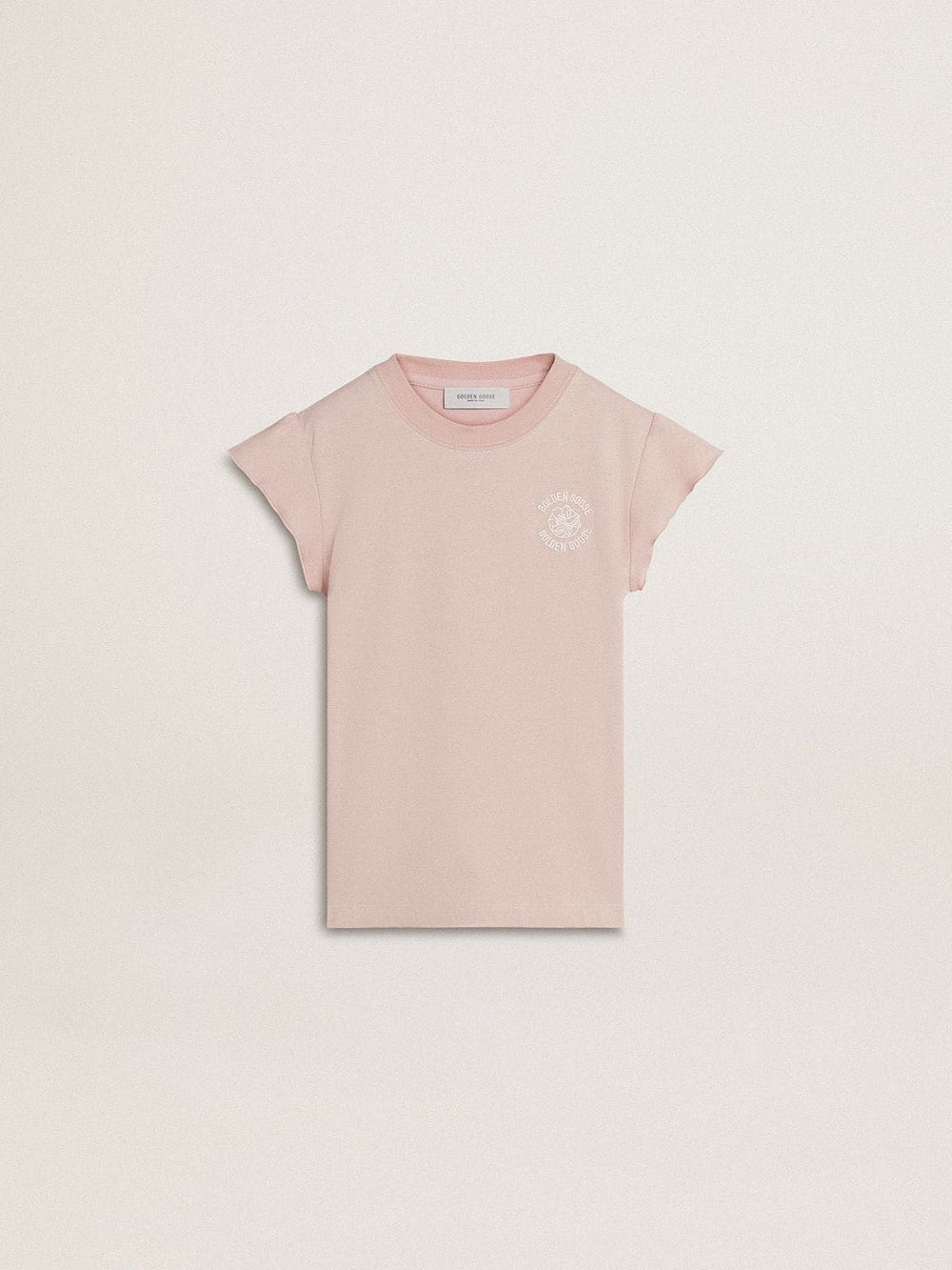 Golden Goose Girls' pink T-shirt with ruffled sleeves and embroidery