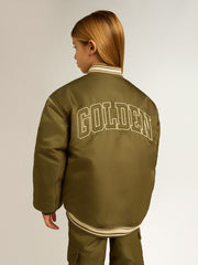 Golden Goose Kids military-green nylon bomber jacket with lettering on the back