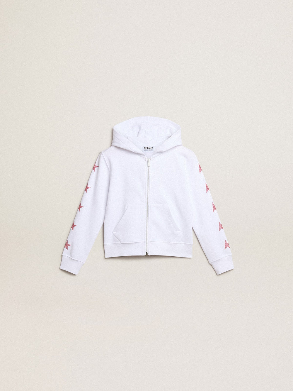 Golden Goose Girls’ zip-up sweatshirt in white with glitter stars on the sleeves