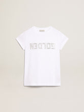 Golden Goose White T-shirt with central Golden lettering in crystals