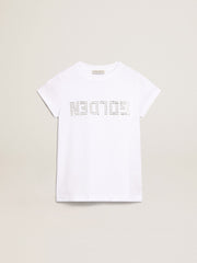Golden Goose White T-shirt with central Golden lettering in crystals