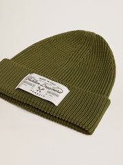 Golden Goose Military-green cotton beanie with appliqué label on the front