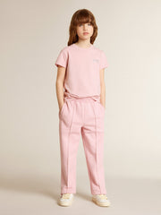 Golden Goose Girls' pink T-shirt with silver glitter logo and maxi star