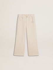 Golden Goose Girls’ wide ribbed cream-colored trousers with embroidery