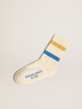 Golden Goose Worn white Kids socks with distressed details and two-tone bright blue and mustard stripes