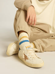 Golden Goose Worn white Kids socks with distressed details and two-tone bright blue and mustard stripes