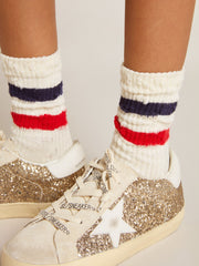 Golden Goose Socks in distressed-finish white cotton with red and navy stripes