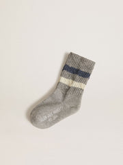 Golden Goose Kids’ gray socks with distressed details and worn-white and blue stripes