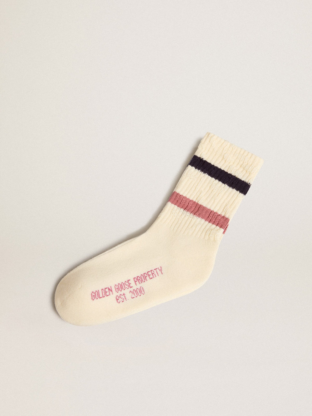 Golden Goose Worn white Kids socks with distressed details and two-tone lilac and blue stripes