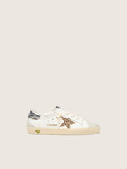 Golden Goose Junior Super-Star with gold glitter star and silver metallic leather heel tab