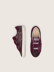 Golden Goose Junior Old School in burgundy glitter with burgundy suede star and heel tab