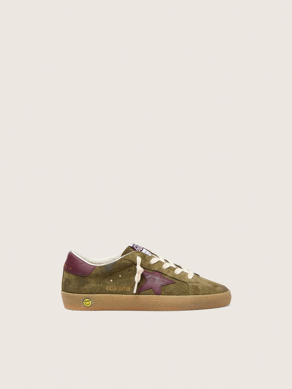 Golden Goose Junior Super-Star in military-green suede with burgundy leather star and heel tab