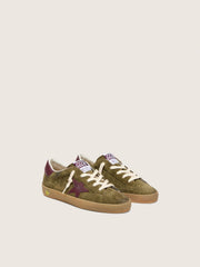 Golden Goose Junior Super-Star in military-green suede with burgundy leather star and heel tab