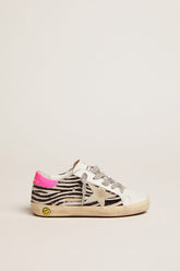 Golden Goose Junior Super-Star in leather and zebra-print pony skin with fuchsia heel tab