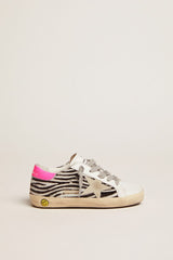 Golden Goose Junior Super-Star in leather and zebra-print pony skin with fuchsia heel tab
