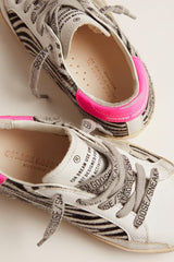 Golden Goose Junior Super-Star in leather and zebra-print pony skin with fuchsia heel tab