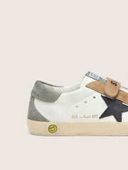 Golden Goose Junior Old School with black leather star and beige and green suede inserts