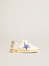 Golden Goose Junior Ball Star with blue glitter star and beige suede heel tab