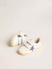 Golden Goose Junior Ball Star with blue glitter star and beige suede heel tab