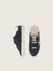 Golden Goose Junior Old School in blue suede with silver glitter star and white leather heel tab
