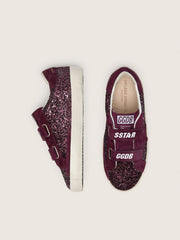 Golden Goose Young Old School in burgundy glitter with burgundy suede star and heel tab