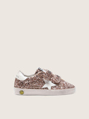 Golden Goose Young Old School in peach-colored glitter with white leather inserts
