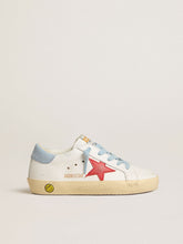 Golden Goose Super-Star Young in white leather with red star and light blue heel tab