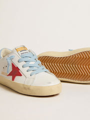 Golden Goose Super-Star Young in white leather with red star and light blue heel tab