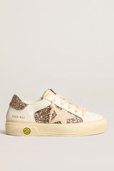 Golden Goose May Teen in white leather and rose gold glitter with beige suede star