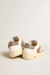 Golden Goose May Teen in white leather and rose gold glitter with beige suede star