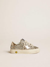 Golden Goose May Teen in platinum glitter with gold leather star and heel tab