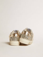 Golden Goose May Teen in platinum glitter with gold leather star and heel tab