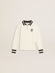 Golden Goose Kids white cotton polo sweatshirt with embroidery on the chest and print on the back