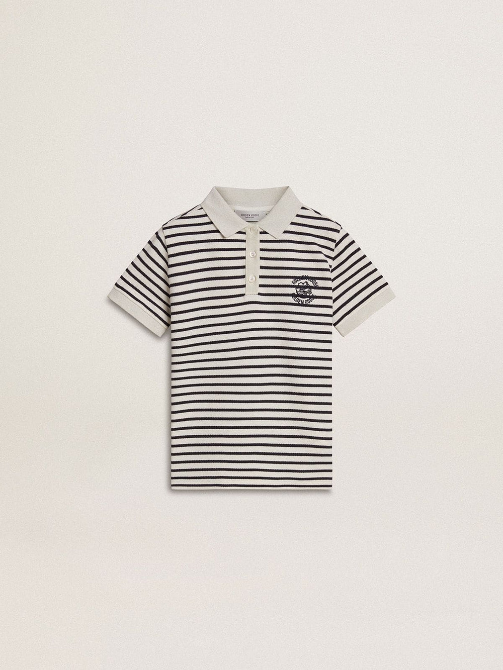 Golden Goose Boys' white cotton polo with navy blue stripes and embroidery