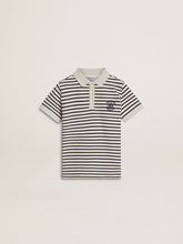 Golden Goose Boys' white cotton polo with navy blue stripes and embroidery