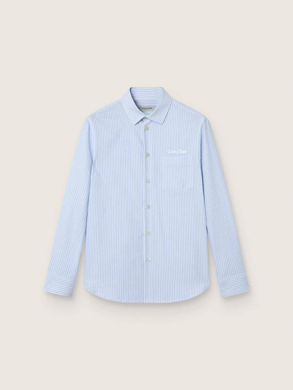 Golden Goose Boys' shirt in light blue and white striped cotton with embroidered logo