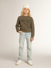 Golden Goose Distressed olive-green sweatshirt with Golden lettering on the front