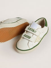 Golden Goose Teen Old School in white leather with green nappa heel tab and green insert