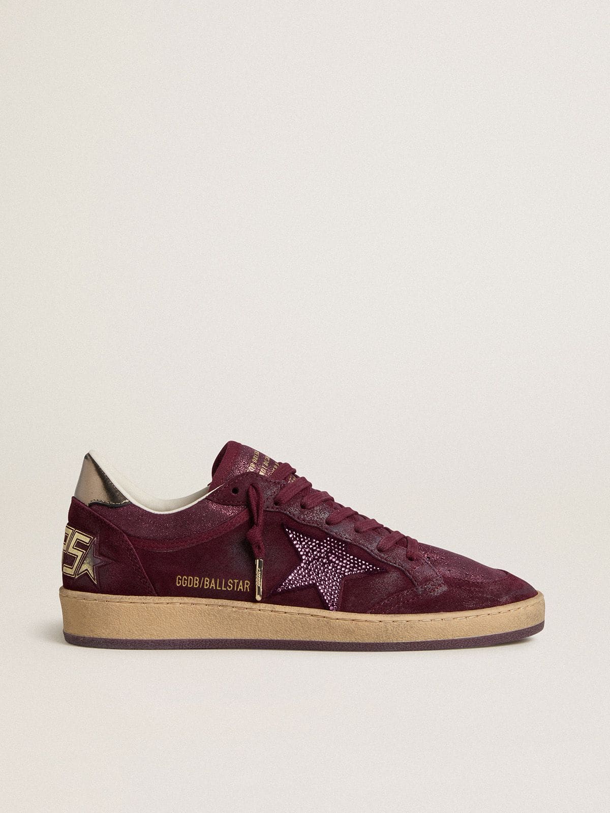 Golden Goose Women's Ball Star in burgundy suede with crystal star and metallic leather heel tab