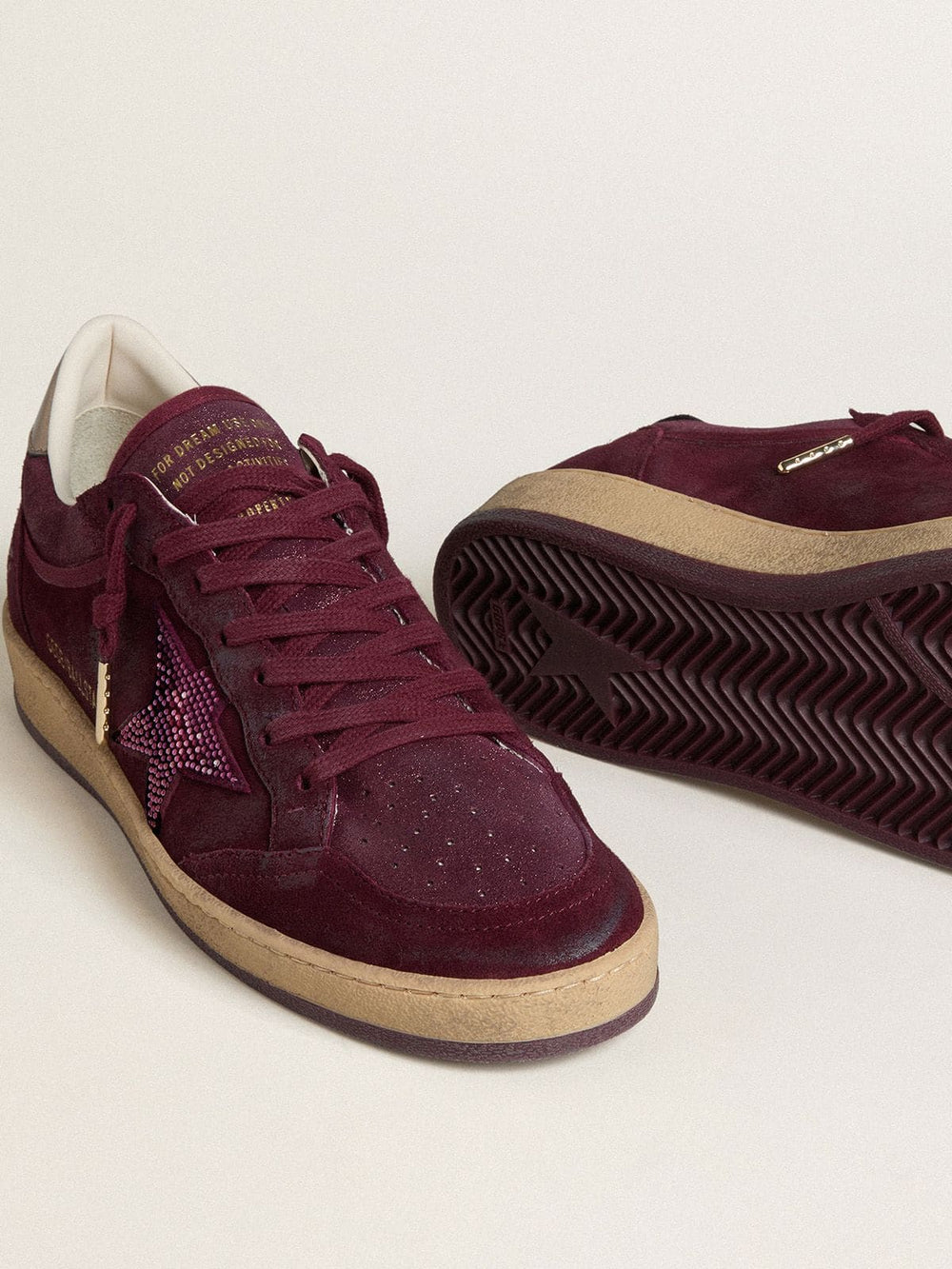 Golden Goose Women's Ball Star in burgundy suede with crystal star and metallic leather heel tab