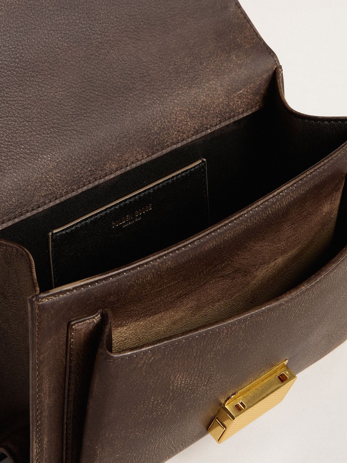 Golden Goose Venezia Bag in vintage dark brown embossed leather with gold details