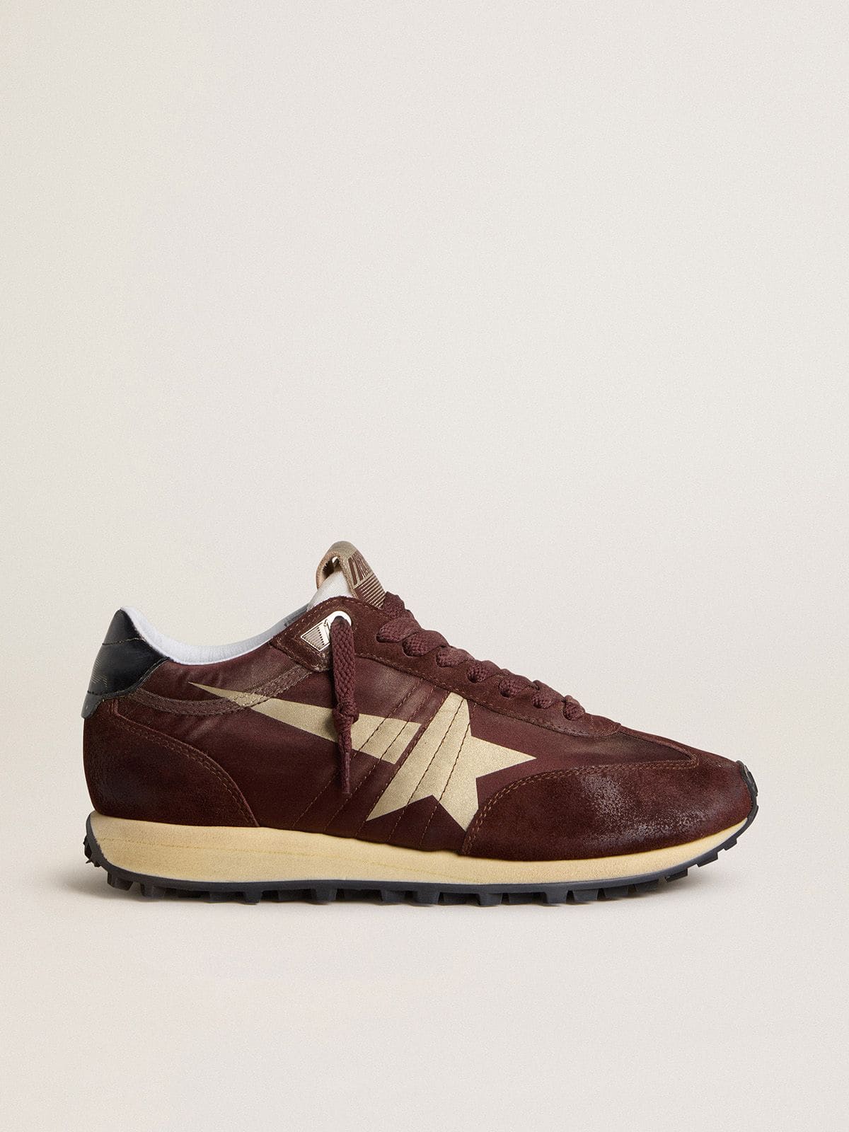 Golden Goose Women's Marathon with burgundy satin upper and platinum leather star