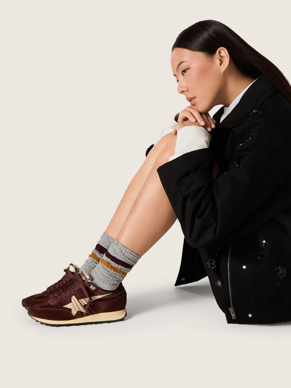 Golden Goose Women's Marathon with burgundy satin upper and platinum leather star