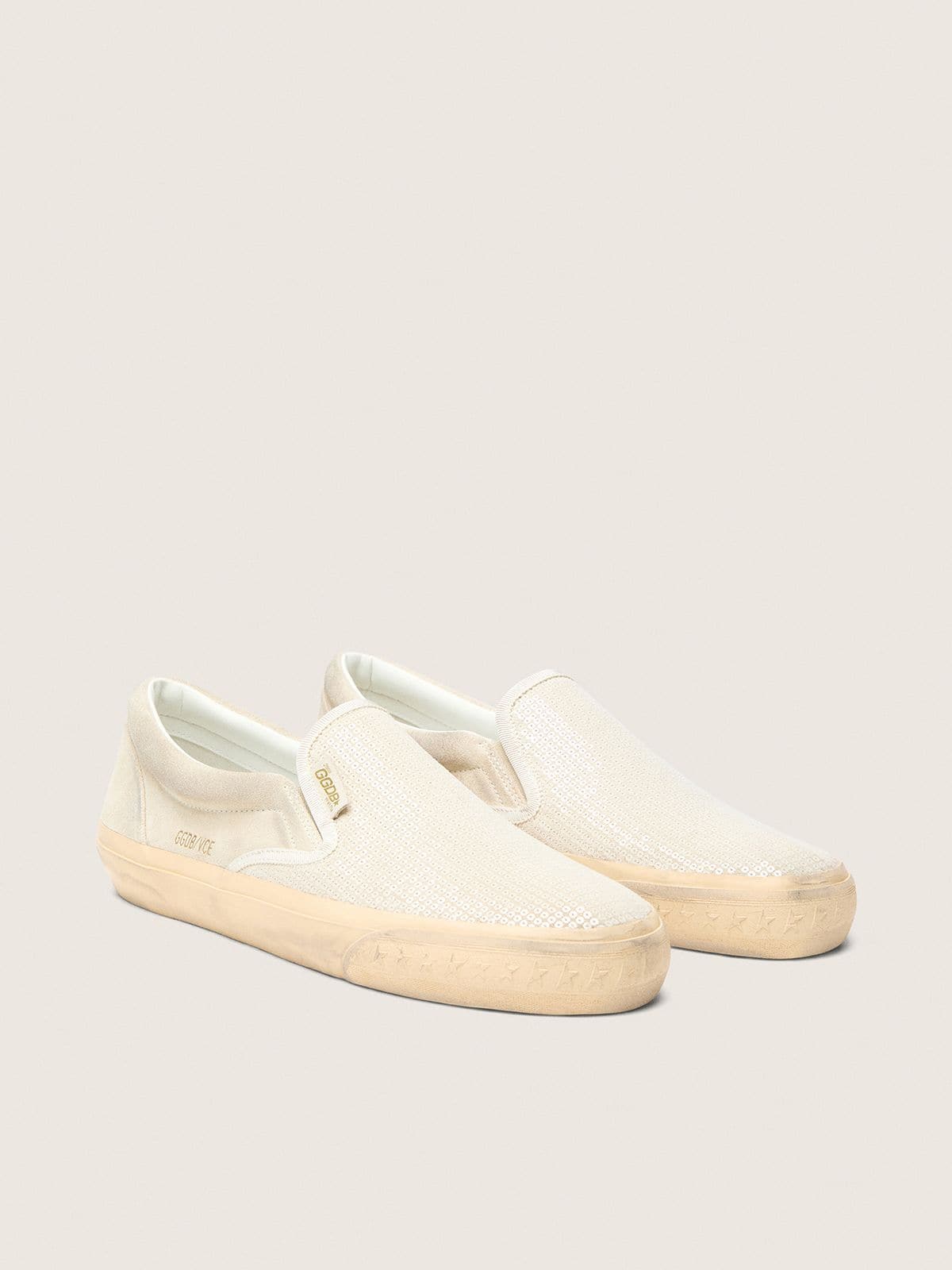 Golden Goose Men’s VCE Penstar in beige suede and pearl-colored sequins