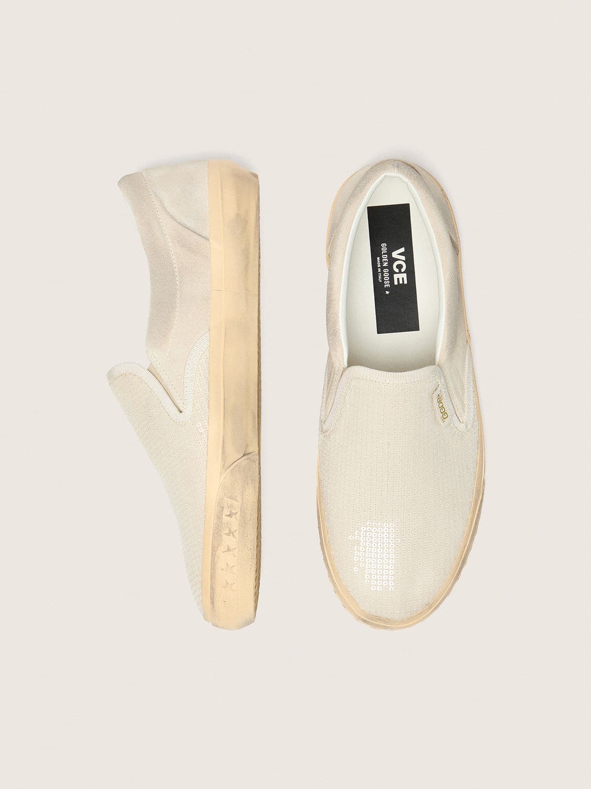 Golden Goose Men’s VCE Penstar in beige suede and pearl-colored sequins