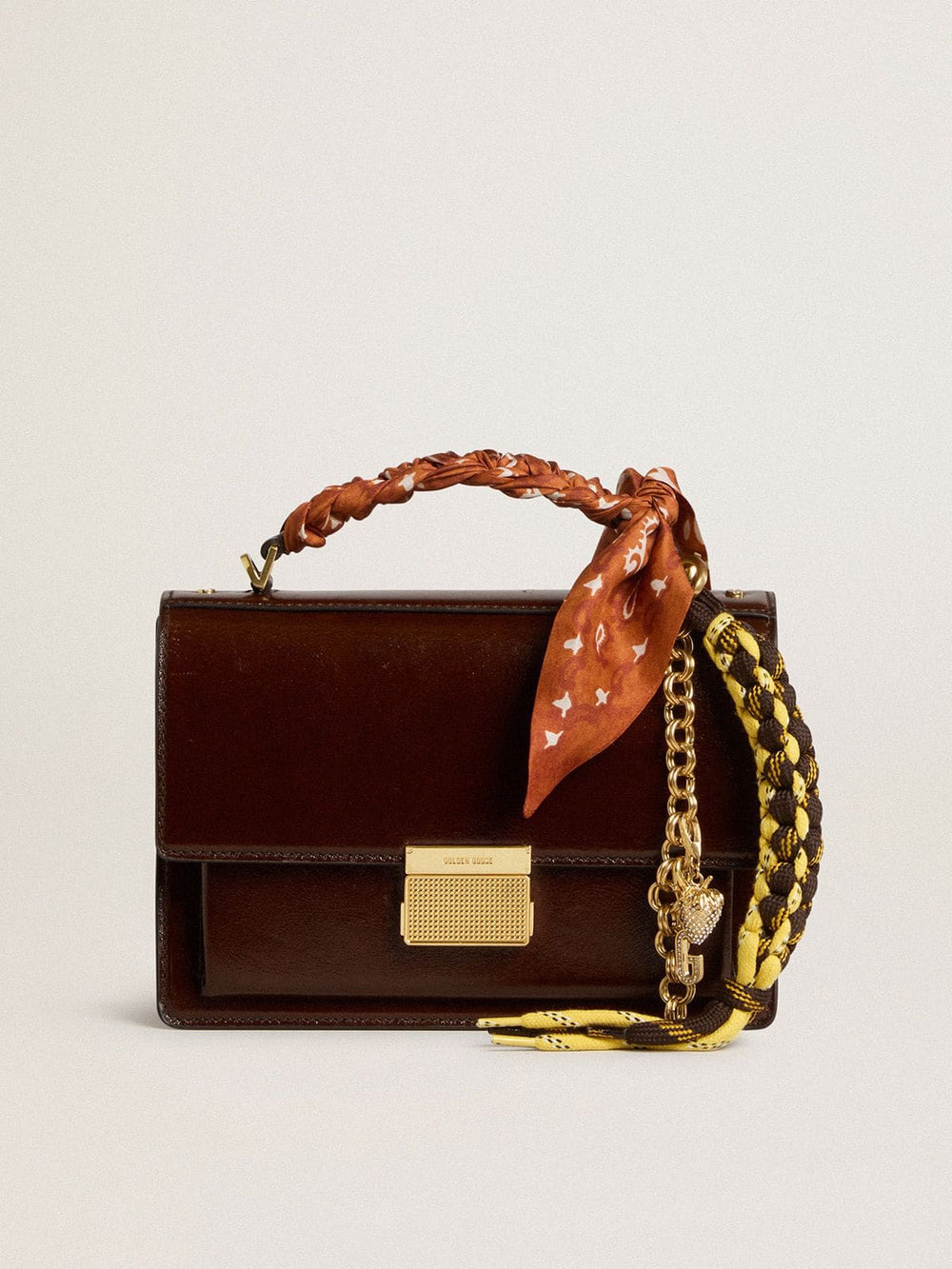 Golden Goose Charm with yellow and brown knotted hiking laces with chain