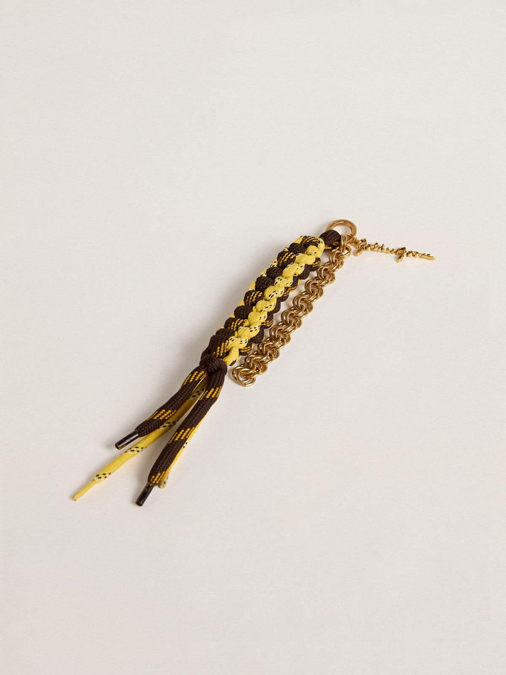 Golden Goose Charm with yellow and brown knotted hiking laces with chain