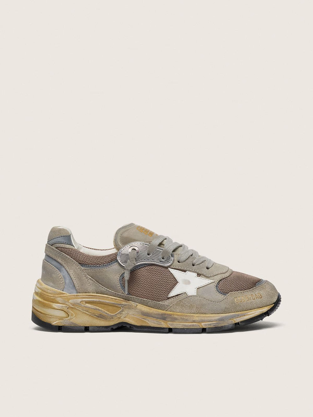 Golden Goose Women's Dad-Star in dove-gray suede and silver mesh with white leather star and suede heel tab