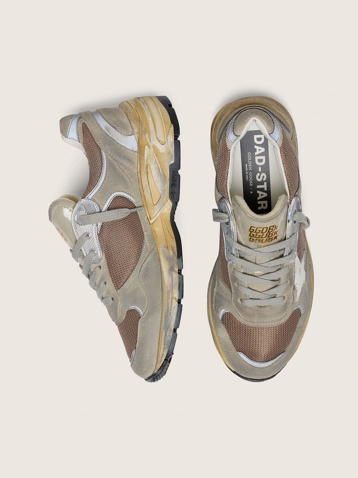 Golden Goose Women's Dad-Star in dove-gray suede and silver mesh with white leather star and suede heel tab