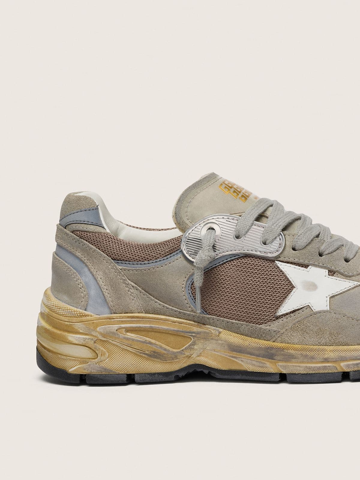 Golden Goose Women's Dad-Star in dove-gray suede and silver mesh with white leather star and suede heel tab